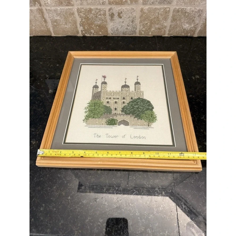 Vintage Framed Cross Stitch Tower‎ Of London 13.5x14 Wall Art UK Cottagecore